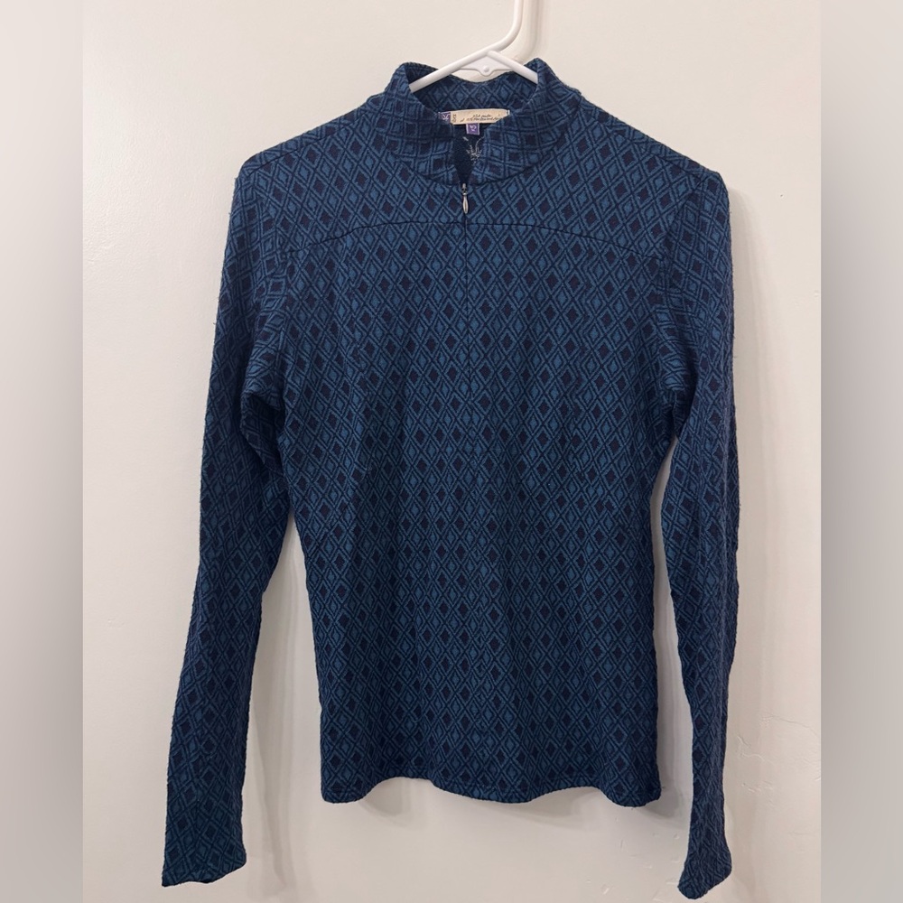 Ibex Blue Diamond Print 100% Merino Wool 1/4 Zip Women's Medium Made in USA